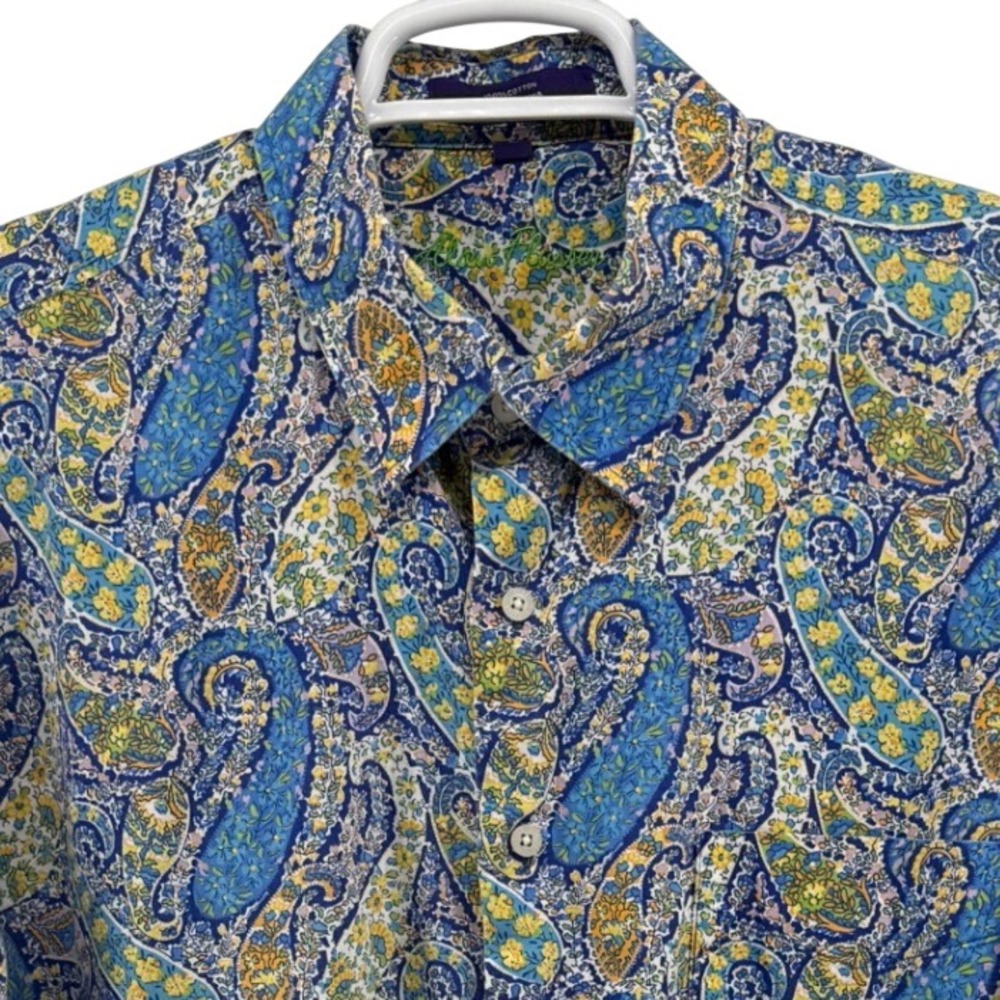Alan Flusser Mens XL Paisley Floral Button Down Shirt Long Sleeve Cotton Blue